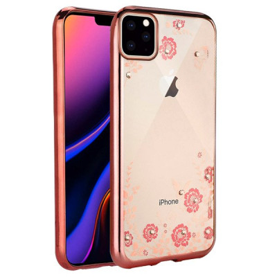Силиконови гърбове Силиконови гърбове за Apple Iphone Луксозен силиконов гръб ТПУ ултратънък с 3D камъни и златисто розов кант за Apple iPhone 11 6.1 розови цветя 